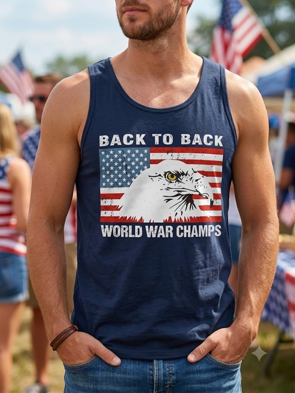 World War Champs Tank Top Back to Back Patriotic Eagle American Flag Navy NWOT